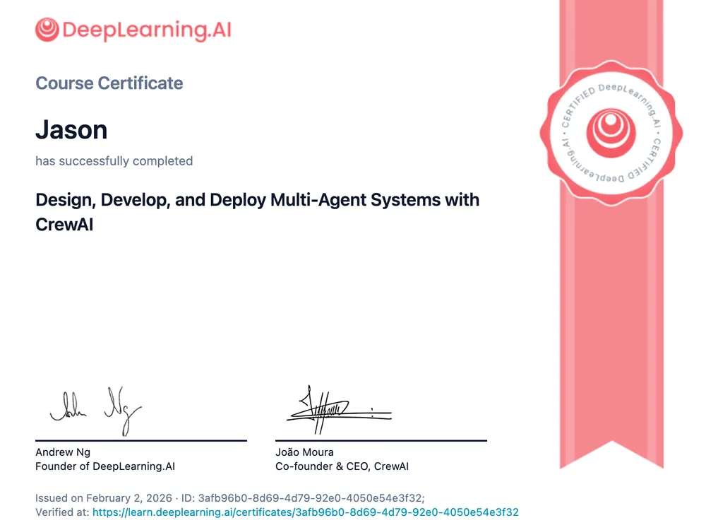 Design, Develop and Deploy Multi-Agent Systems with CrewAI certificate — DeepLearning.AI