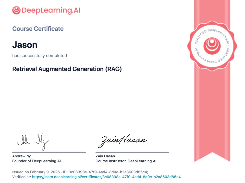 Retrieval Augmented Generation (RAG) certificate — DeepLearning.AI