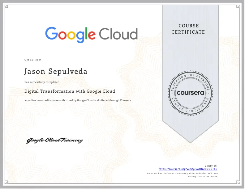 Digital Transformation with Google Cloud certificate — Google