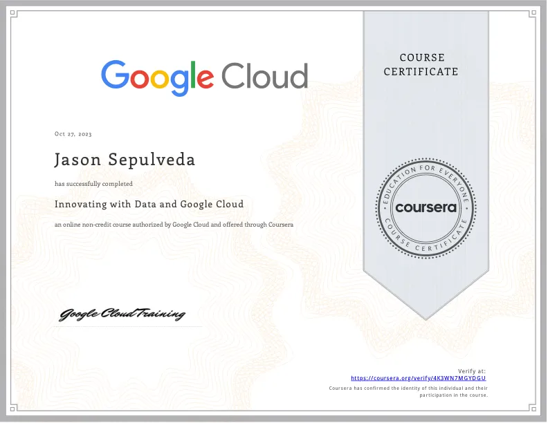 Innovating with Data and Google Cloud certificate — Google