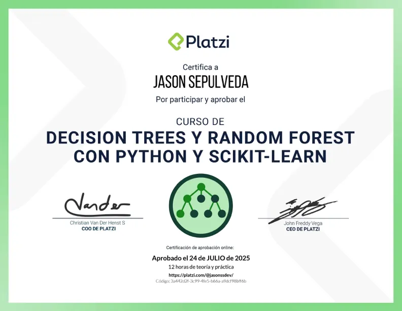Decision Trees for Machine Learning certificate — Platzi