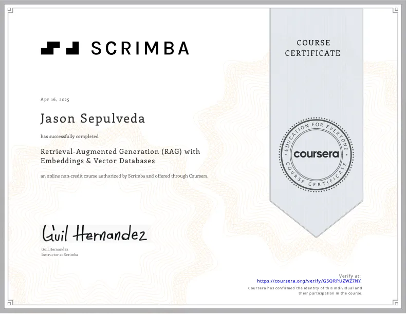 RAG and Vector Databases certificate — Scrimba