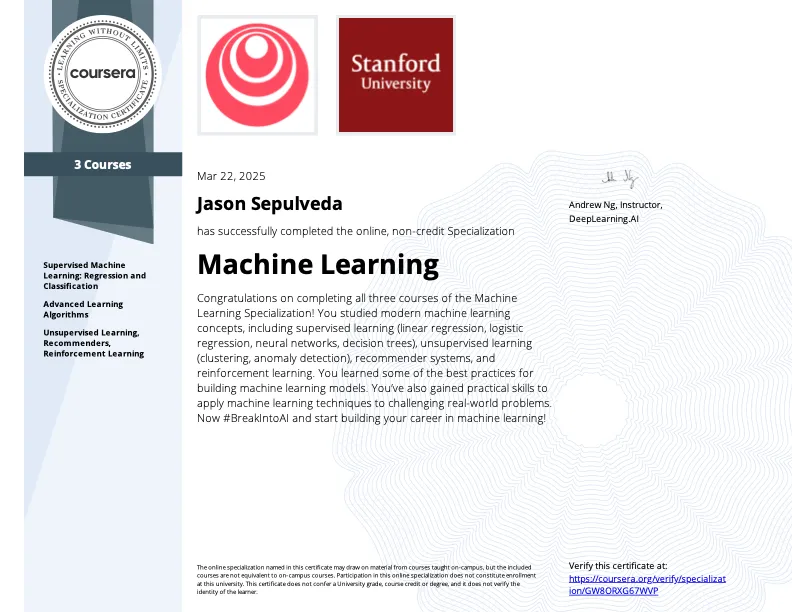 Machine Learning certificate — DeepLearning.AI