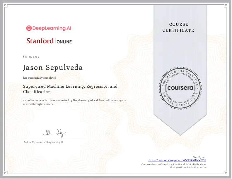 Supervised Machine Learning certificate — Stanford