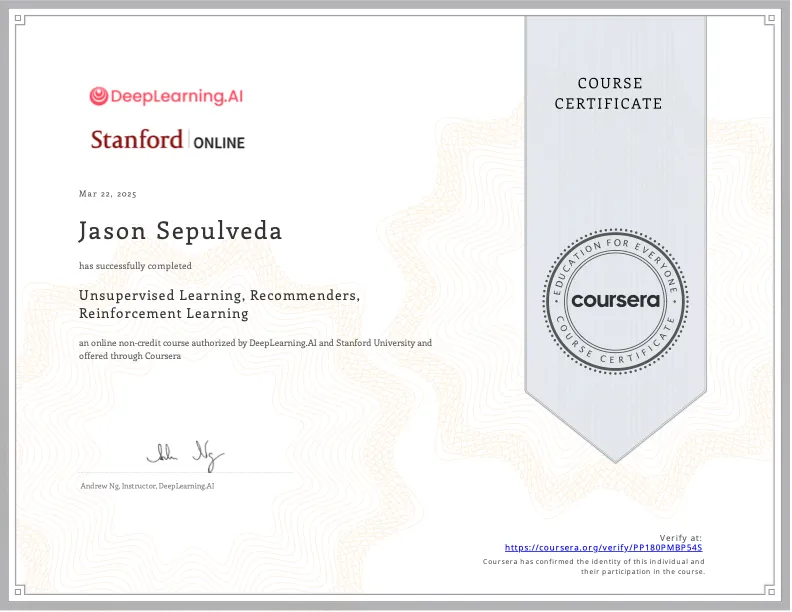 Unsupervised Learning certificate — Stanford